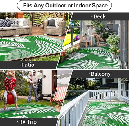 Waterproof Outdoor Rug 5x8ft, Green Leaf Reversible Plastic Straw Mat for Patio RV Deck Porch Backyard Balcony Camping Picnic Beach Indoor Outdoor Carpet, Green&White