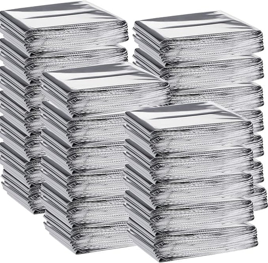 Macarrie 100 Pack Emergency Thermal Blankets Silver Foil Survival Blanket Space Blanket Survival Kit for Outdoors, Camping, Hiking, Homeless, Survival or First Aid (Silver)