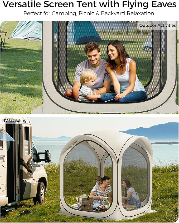 6x6 FT Pop-Up Screen House Tent, Portable Instant Screen Room Canopy with Mesh Doors and Carry Bag for Patio, Backyard, Deck, Camping, and Outdoor Activities,Beige