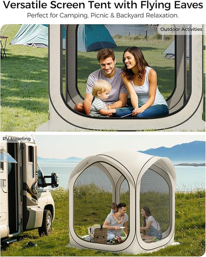 6x6 FT Pop-Up Screen House Tent, Portable Instant Screen Room Canopy with Mesh Doors and Carry Bag for Patio, Backyard, Deck, Camping, and Outdoor Activities,Beige