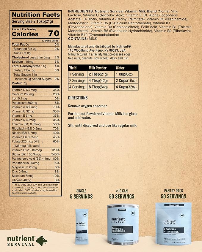 Nutrient Survival Vitamin Powdered Milk, Freeze Dried Prepper Supplies & Emergency Food Supply, 21 Essential Nutrients, Soy & Gluten Free, Shelf Stable Up to 25 Years, One Can, 60 Servings