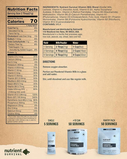 Nutrient Survival Vitamin Powdered Milk, Freeze Dried Prepper Supplies & Emergency Food Supply, 21 Essential Nutrients, Soy & Gluten Free, Shelf Stable Up to 25 Years, One Can, 60 Servings