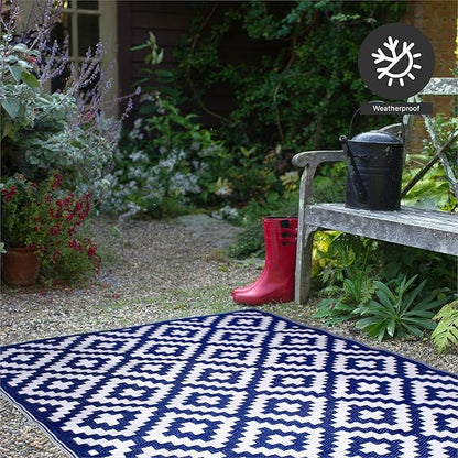 FH Home Outdoor Rug - Waterproof, Fade Resistant, Reversible - Premium Recycled Plastic - Geometric - Porch, Deck, Balcony, Mudroom, Laundry Room, Patio - Aztec - Blue & White Crease Free - 3 x 5 ft
