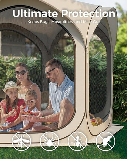 12x12 FT Pop-Up Screen Tent, Portable Screen Room Canopy with Zipper Doors for Patio, Backyard, Deck & Outdoor Activities, Beige