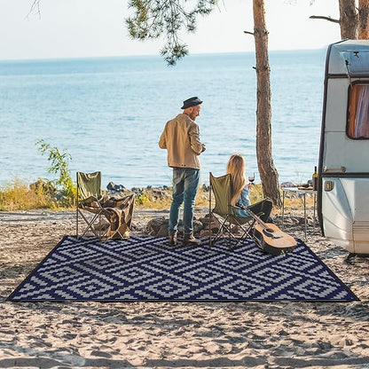 GENIMO Outdoor Rug for Patio Clearance, 5'x8' Waterproof Camping Mat, Reversible Plastic Straw Rugs for RV, Camper, Balcony, Backyard, Picnic, Deck (Blue & Grey)