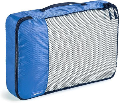 Amazon Basics Packing Cubes for Travel, Packing Organizers Set, 4-Piece-Set (Slim, Small, Medium, Large) With Double Zipper Pulls and Mesh Top Panel, 100% Durable Polyester, Blue