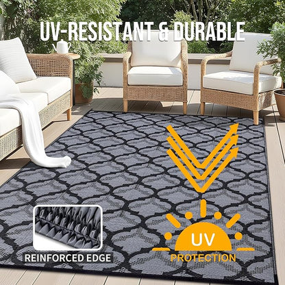 OLANLY Reversible Outdoor Rug 9x12 ft Clearance, Waterproof Outdoor Plastic Straw Rug with Interlacing Pattern, RV Mat for Patio, Camping, Balcony, Deck, Backyard, Black & Grey