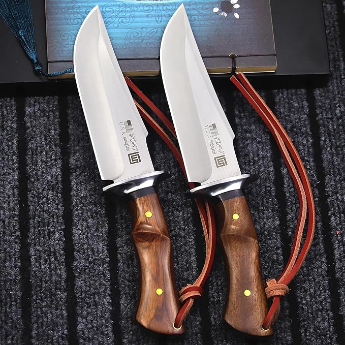 (USA 440C Steel Hunting Straight Knife + Sheath, 10.5 "Full Tang Fixed Blade, Yellow Pear Wood Handle, Outdoor, Camping and Survival, Men's, Women's cCamping Gift (WK01A)