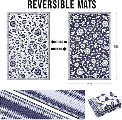 OLANLY Waterproof Outdoor Rug 5x8 ft, Outdoor Plastic Straw Rug with Flower Pattern, Reversible RV Mat for Patio, Camping, Balcony, Deck, Backyard, Navy & White