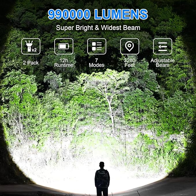 Rechargeable Flashlights High Lumens 2 Packs, 990000 Lumens Super Bright LED Flashlight with 7 Modes & Waterproof, Powerful Flash Light for Home Camping