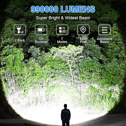 Rechargeable Flashlights High Lumens 2 Packs, 990000 Lumens Super Bright LED Flashlight with 7 Modes & Waterproof, Powerful Flash Light for Home Camping