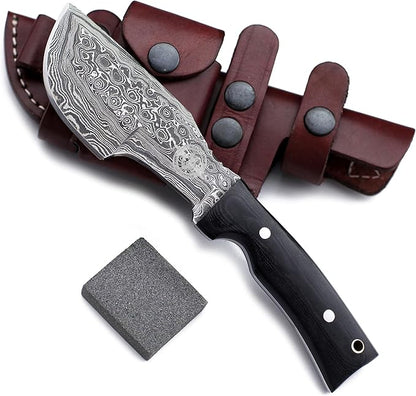 Handmade Damascus Steel Knife for Hunting, Survival, Camping, Bushcraft, Fishing, Fixed Blade, Tracker Knife with Full Tang Micarta Handle, Leather Sheath and Sharpening Stone - WKD-799