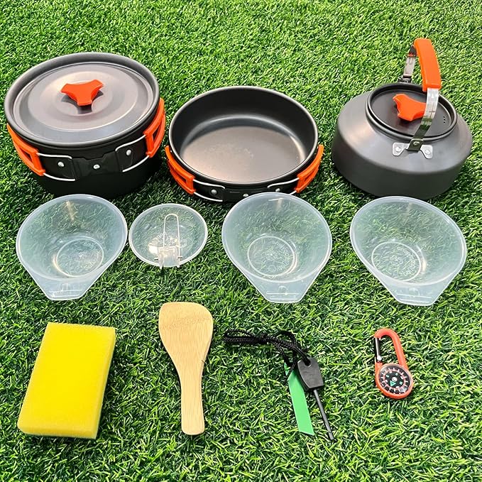 12pcs Camping Cooking Set, Camping Pots and Pans Set with Kettle Compass Hook Flint Plastic Bowls and Soup Spoon for Camping, Backpacking, Hiking, Outdoor Cooking and Picnic