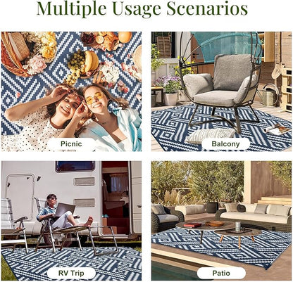 OPPODREAM Outdoor Rug 9x12 Patio Waterproof, Large Outdoor Plastic Straw Rug, Reversible Out Door Carpet for Camping, Deck, Rv, 9 x 12 Area Carpet for Balcony, Porch, Backyard, White and Navy Blue