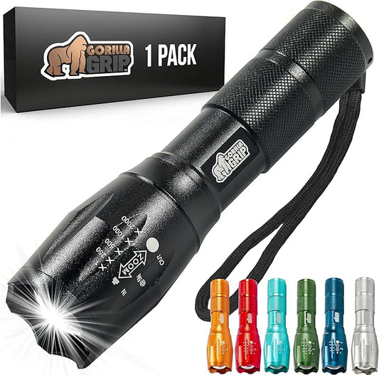 Gorilla Grip Powerful LED 750 FT Water Resistant 5 Adjustable Mode Tactical Flashlight, High Lumens Ultra Bright Battery Life Zoom Flashlights, Small Camping Car Mini Flash Light Accessories, Black