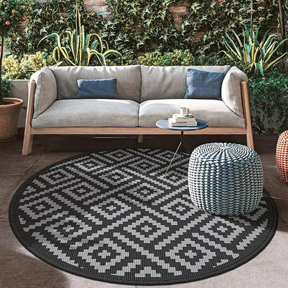 GENIMO 8' Round Outdoor Rug for Patios Clearance, Reversible Plastic Straw Rugs, RV Camping Mat for Camper, Balcony, Backyard, Picnic, Deck, Black & Gray