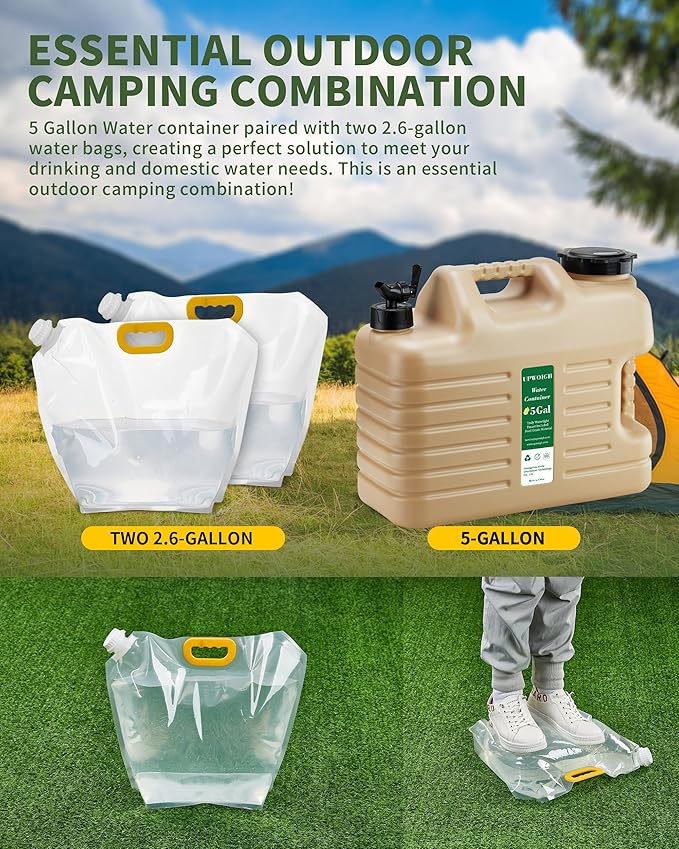 5 Gallon Water Jug and 2.6Gal Collapsible Water Bag Set of 2,BPA Free Thickened Water Storage Overlanding Gear Containers,Camping Essential Leak-Proof Warm Sand Portable Water Tank for Outdoors Hiking
