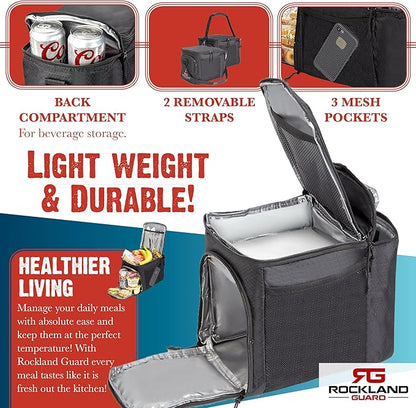 Insulated Lunch Bag for Men - Lunch Box for Women with Compartments for Meal Prep Containers, Bottles, Snacks, Extra Storage Pockets - Lunchbox for Work, Travel, Picnic, Camping - Black