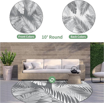 GENIMO Outdoor Rug 10' Round Waterproof for Patios Clearance, Reversible Outdoor Plastic Straw Camping Rug Carpet, Large Area Rugs Mats for RV, Camper, Deck, Balcony, Porch, Beach, Picnic, Grey&White
