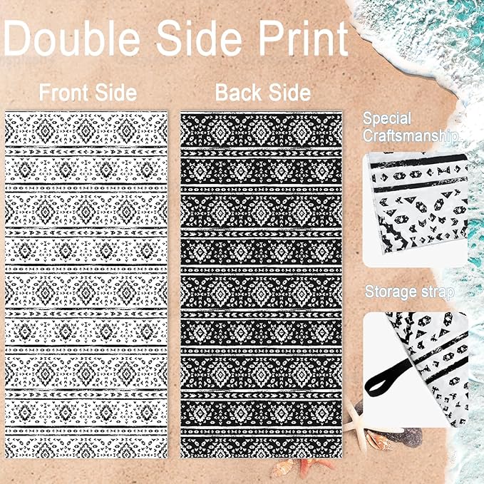 Bnuitland Black and White Boho Pattern Beach Towel (35X75 inches), Oversized Quick Dry Absorbent Sand Free, Cute Towels for Travel Swimming Pool Picnic, 90% Polyester and 10% Polyamide