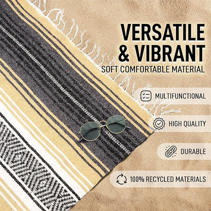 Authentic Large Handwoven Mexican Blanket - Soft Yoga Blanket - Durable Serape Blanket - Lightweight Falsa Blanket, Beach Blanket, Camping Blanket, Picnic Blanket, Outdoor Blanket 70"x50" - Sand