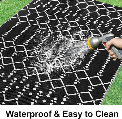Smiry Outdoor Rug 6x9 ft, Waterproof Reversible Plastic Straw Rugs, Boho Outdoor Area Rug, Outside Floor Mat for Patio, Backyard, Deck, Picnic, Beach, Camping, Black