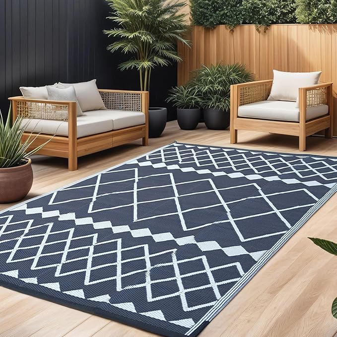 RURALITY Outdoor Rugs 9x12 for Patios Clearance,Large Waterproof Rug for Deck,Backyard,Balcony,Plastic Straw Mats for Camping,Reversible,Geometric