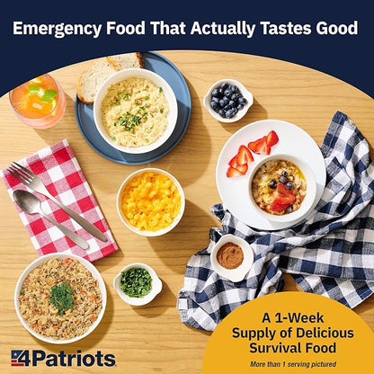 4Patriots: 1-Week Emergency Food Supply Survival Kit, Perfect for Camping, Freeze-Dried Preparedness Food, Designed to Last 25 Years, Be Ready with 42 Servings of Delicious Breakfast, Lunch, & Dinner
