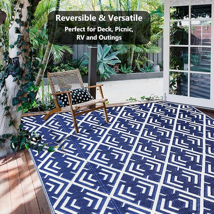 Outdoor Plastic Straw Rug, Waterproof Outdoor Rugs for Patios Clearance, Reversible Area Rug, Large Outside Carpet for Camping, Balcony, RV, Deck, Picnic, Beach (6x9ft Boho/Blue&White)