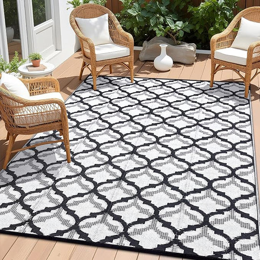 OLANLY Reversible Outdoor Rug 8x10 ft Clearance, Waterproof Outdoor Plastic Straw Rug with Interlacing Pattern, RV Mat for Patio, Camping, Balcony, Deck, Backyard, Black & White