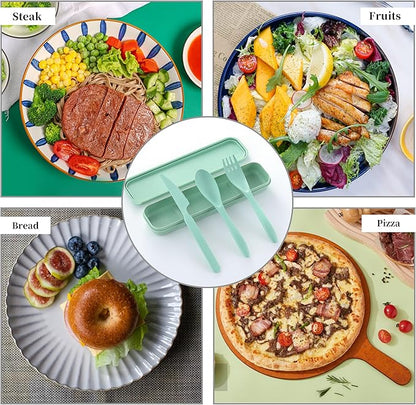 Reusable Travel Utensils Set with Case, 4 Pack Reusable Wheat Straw Portable Utensils Set with Case, Travel Utensils for Lunch, Camping, Picnic, Travel (Green, Pink, Blue, Beige)