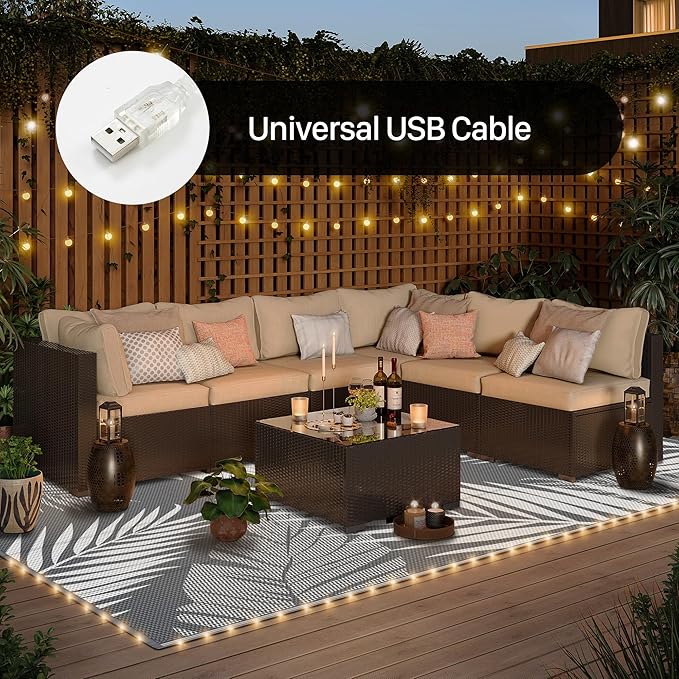 GENIMO Outdoor Rug 8' x 10' Waterproof for Patios Clearance, Reversible Outdoor Plastic Straw Camping Rug Carpet with LED String Light, Area Rugs Mats for RV, Camper, Deck, Balcony, Porch, Grey&White