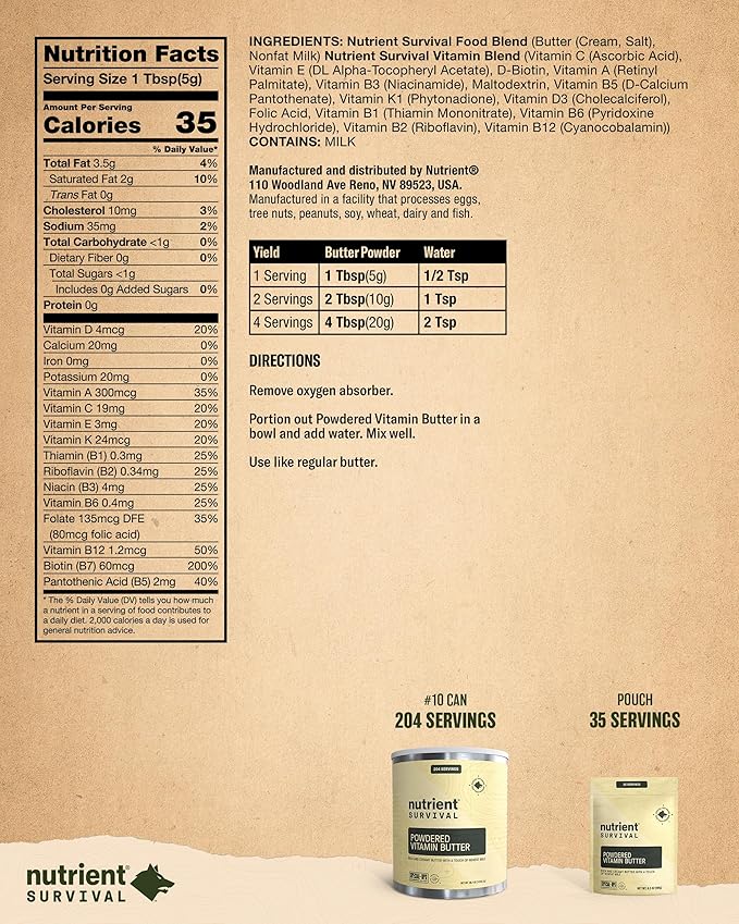 Nutrient Survival Vitamin Butter Powder, Freeze Dried Prepper Supplies & Emergency Food Supply, 16 Essential Nutrients, Soy & Gluten Free, Shelf Stable Up to 10 Years, One Can, 204 Servings