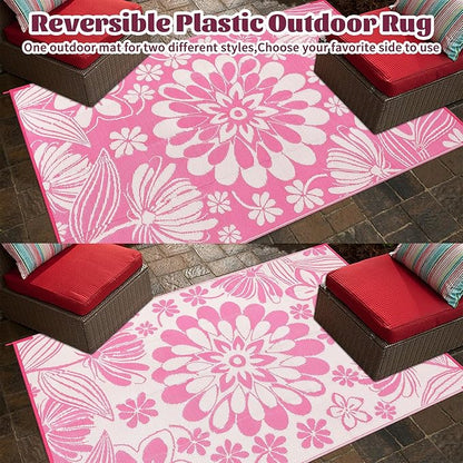 Ileading Outdoor Plastic Straw Rug 6x9ft Funny Floral Style Reversible Patio Area Rugs Waterproof Non Shedding Portable Carpets for Rv Outside Deck Pool Beach Picnic Camping (Pink)