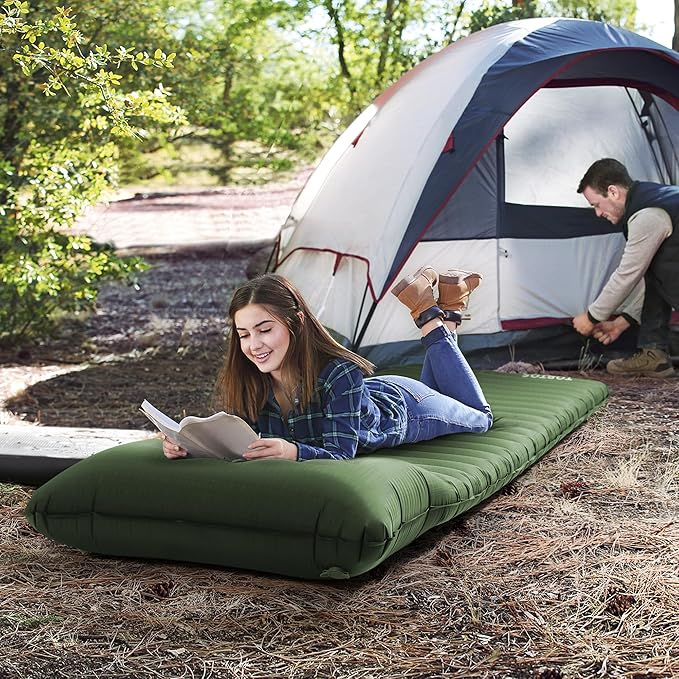 TOBTOS Inflatable Sleeping Pad for Camping with Pillow, 4" Thick Camping Mat with Built-in Foot Pump, Compact Air Mattress for Camping, Hiking, Backpacking (Green)