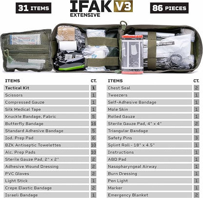 TACTICON V3 Extensive IFAK Trauma First Aid Kit | EMT Survival Med Kit | Chest Seals | Israeli Bandage | Bandages | Belt or MOLLE Attachment | Tactical Emergency Medical Pouch - OD Green