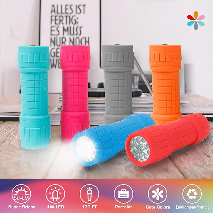 EverBrite 9-LED Flashlight 6-Pack Compact Handheld Torch Assorted Colors with Lanyard 3AAA Battery Included (Hurricane Supplies, Camping), Gift to Halloween, Christmas