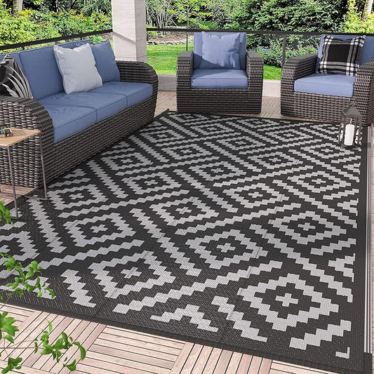GENIMO Outdoor Rugs 8x10 Waterproof, Reversible Mats, Area Plastic Straw Rug, Outside Carpet, Geometric Rv Mat for Patio Camping Rv Picnic Backyard Deck Balcony Porch Beach Trailer (Black & Grey)