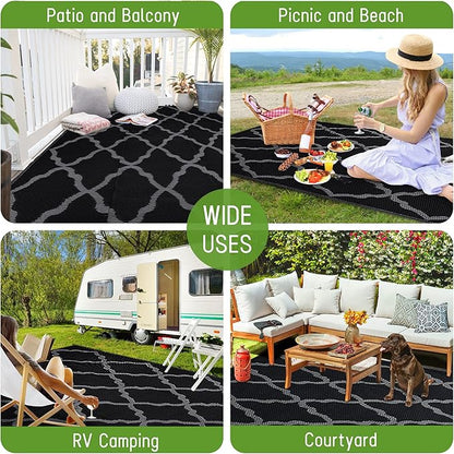 Easy-Going Reversible Outdoor Rugs 6x9ft Waterproof Plastic Straw Rug Stain & UV Resistant Floor Mat for Patio Porch RV Backyard Pool Deck Picnic Beach Trailer Camping (Moroccan Black & Grey)