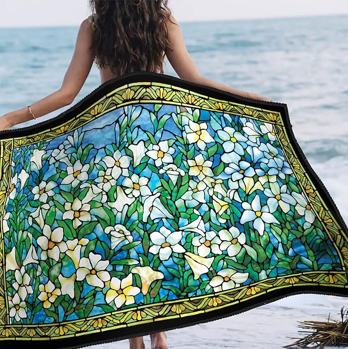 Large Oversized Microfiber Beach Towel - 40x63 Inches, Sand-Free, Quick-Drying, Ultra-Soft, Ideal for Travel, Pool, and Yoga - Includes Matching Drawstring Travel Pouch, Tiffany Field of Lilies