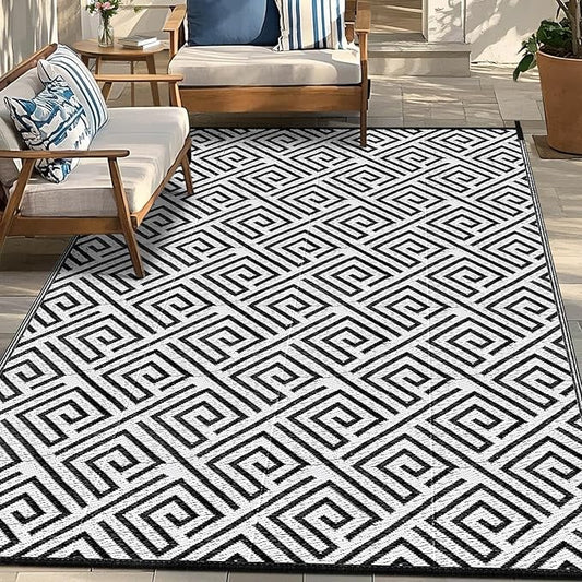 Outdoor Patio Plastic Straw Rug - 6'x9' Outdoor Camping Rug Waterproof Reversible, Area Carpet Patios Clearance RV, Outside Porch Balcony Deck for Camper, Stripe Black & White