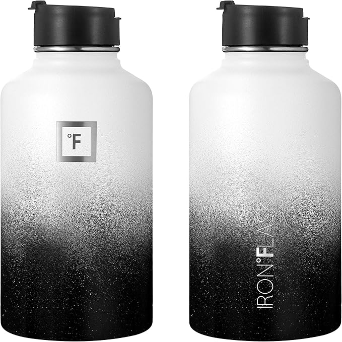 IRON °FLASK Camping & Hiking Hydration Flask, Wide Mouth, 3 Straw Lids, Stainless Steel Outdoor Water Bottle, Double Walled, Insulated Thermos, Metal Canteen - Day & Night, 64 Oz
