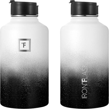 IRON °FLASK Camping & Hiking Hydration Flask, Wide Mouth, 3 Straw Lids, Stainless Steel Outdoor Water Bottle, Double Walled, Insulated Thermos, Metal Canteen - Day & Night, 64 Oz