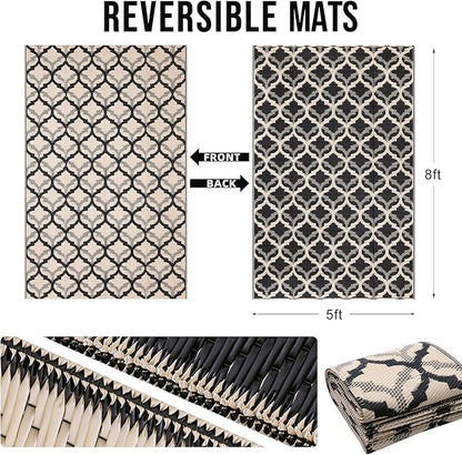 OLANLY Reversible Outdoor Rug 5x8 ft Clearance, Waterproof Outdoor Plastic Straw Rug with Interlacing Pattern, RV Mat for Patio, Camping, Balcony, Deck, Backyard, Black & Beige