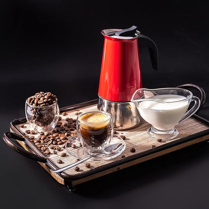 Mixpresso 6 Cup Greca Stovetop Espresso Maker 10oz, Moka Pot with Coffee Percolator Design, Stainless Steel Stove Top Coffee Maker for Camping or Home, Italian Coffee Maker Stovetop Red Coffee Pot