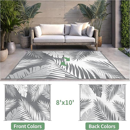 Outdoor Rug 8' x 10' for Patio Waterproof Clearance, Reversible Indoor Outdoor Plastic Straw Camping Rug Carpet, RV Mat, Large Area Rug for Deck, Backyard, Balcony, Porch, Beach,Grey and White