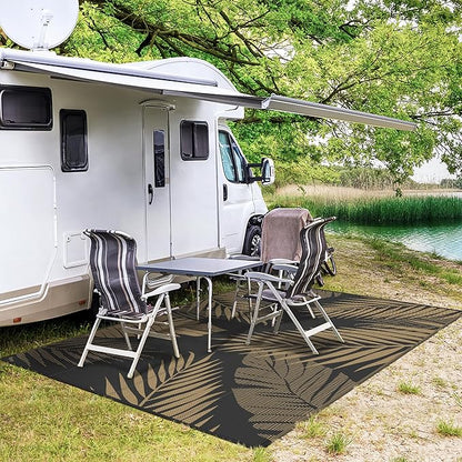 GENIMO Outdoor Rug 8' x 10' Waterproof for Patios Clearance, Reversible Outdoor Plastic Straw Camping Rug Carpet, Large Area Rugs Mats for RV, Camper, Deck, Balcony, Porch, Beach, Picnic, Black&Brown
