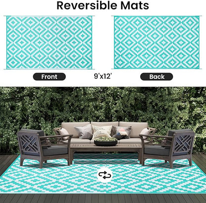 Smiry Waterproof Outdoor Rug 9x12 ft, Reversible Plastic Straw Patio Camping Rugs, Outdoor Indoor RV Mat Carpet for Patio, Outside Entry, Backyard, Deck, Bench, Picnic, Camper, White & Teal