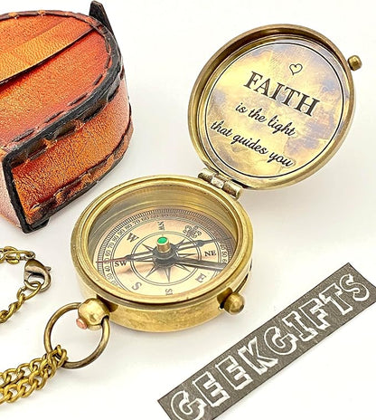 Faith Compass – Inspirational Gift for Men & Boys | Christian Baptism, Communion, Confirmation, or Graduation Present | “Faith is The Light That Guides You” Engraved | Leather Box