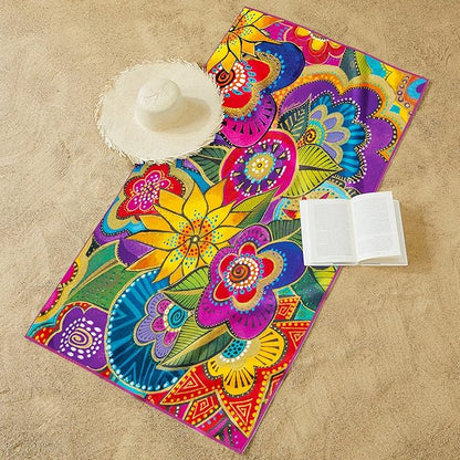 Laurel Burch Carlotta's Garden Large Oversized Microfiber Beach Towel - 40x63 Inches, Sand-Free, Quick-Drying, Ultra-Soft, Ideal for Travel, Pool, and Yoga - Includes Matching Drawstring Travel Pouch